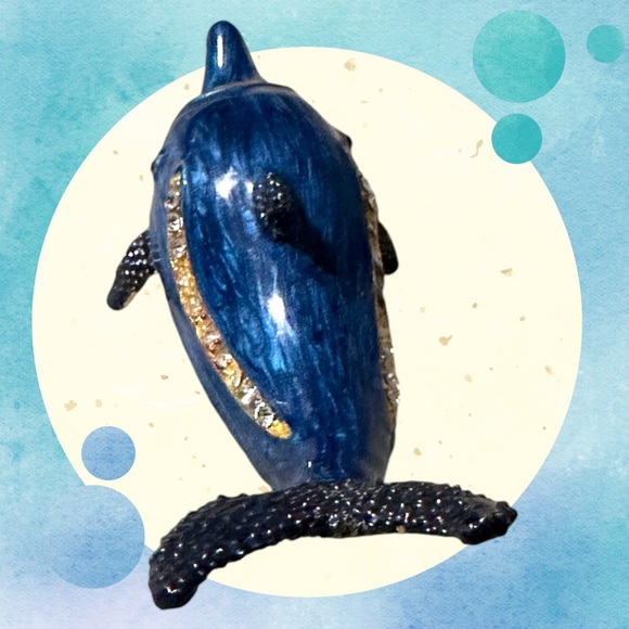 Blue Dolphin Enamel Hinged Magnetic Rhinestone Jewelry Trinket Box 3.5" - Picture 4 of 12